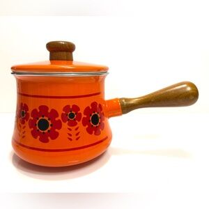 Vintage Levcoware Enamel Saucepan – Made in Japan – Orange Floral – Wood Handle